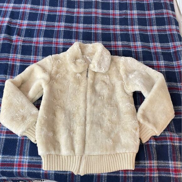 Vintage Y2K Faux Fur Creamy White Teddy 70s Jacket w/ Knit Tan cuffs & hem - Picture 6 of 15